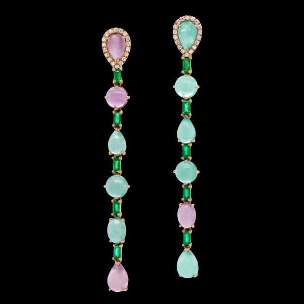 Custom 18kt pink gold dangle earrings with pink and paraiba tourmaline, emeralds and diamonds. FRIDA | Fine Jewellery.