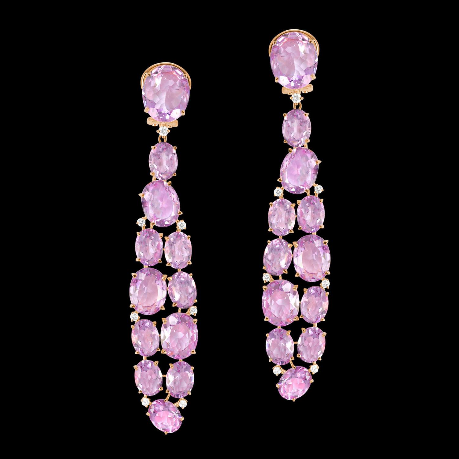 Custom 18kt pink gold dangle earrings with pink lavender amethyst and white diamonds. FRIDA | Fine Jewellery.
