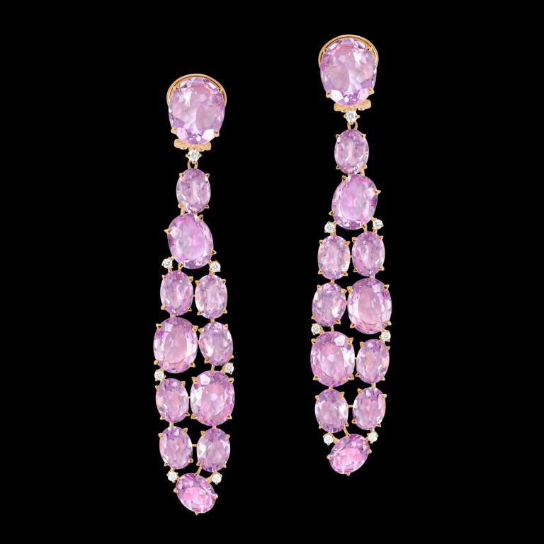 Custom 18kt pink gold dangle earrings with pink lavender amethyst and white diamonds. FRIDA | Fine Jewellery.