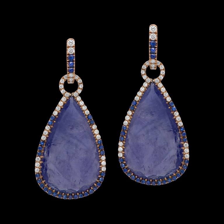 Custom 18kt pink gold drop earrings with Tanzanite slices, blue sapphires and diamonds. FRIDA | Fine Jewellery.