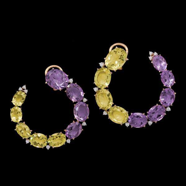 Custom 18kt pink gold hoop earrings with amethyst, lemon quartz and diamonds. FRIDA | Fine Jewellery.