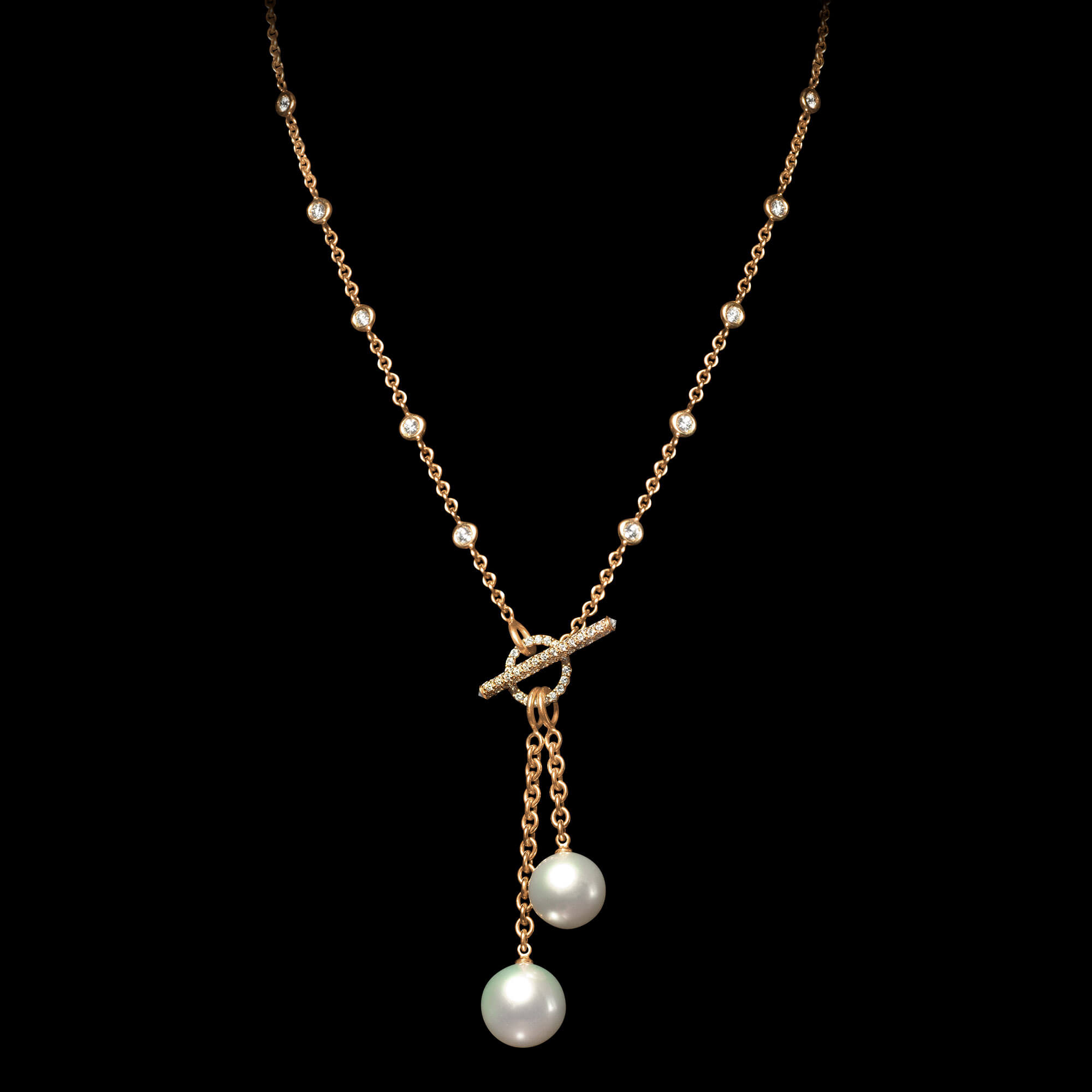 Custom 18kt pink gold necklace with double white south sea pearls and diamonds. FRIDA | Fine Jewellery.