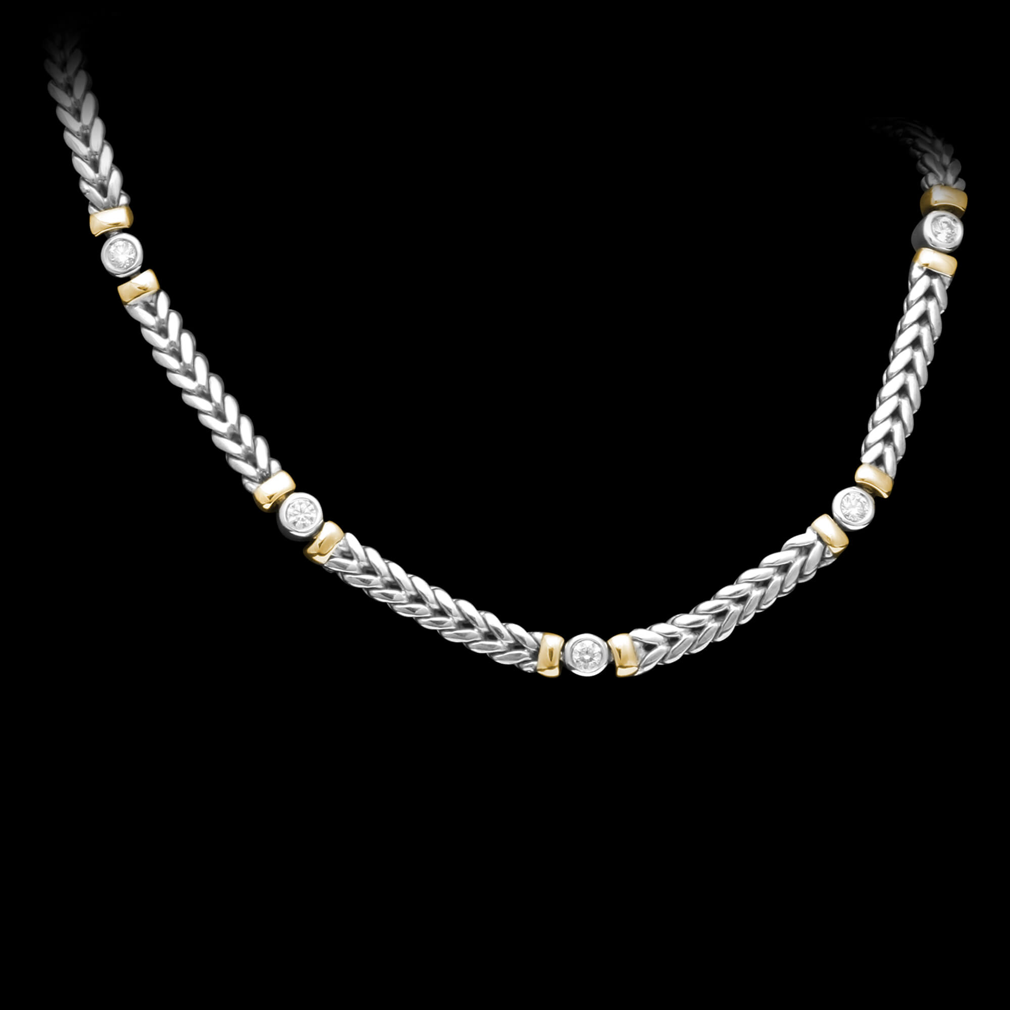 Custom 18kt white and yellow gold wheat chain necklace with five bezel-set diamonds. FRIDA | Fine Jewellery.