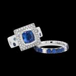 Custom 18kt white gold Pagoda ring and stacking band with blue sapphires, diamonds and aquamarine. FRIDA | Fine Jewellery.