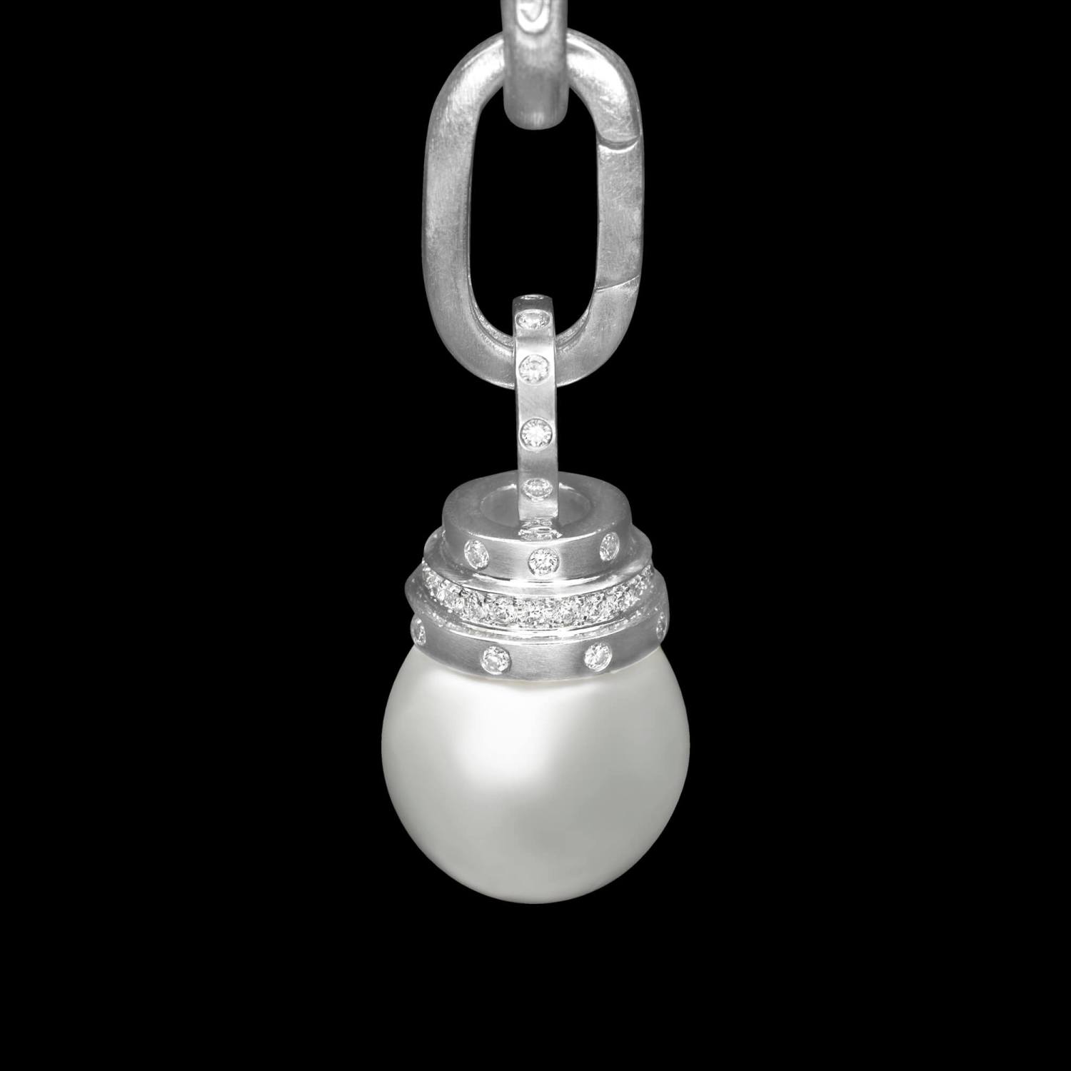 Custom 18kt white gold and diamond south sea pearl drop pendant. FRIDA | Fine Jewellery.