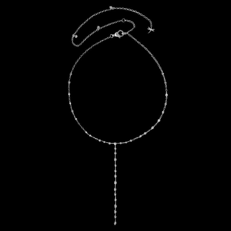 Custom 18kt white gold lariat necklace with floating diamonds. FRIDA | Fine Jewellery.