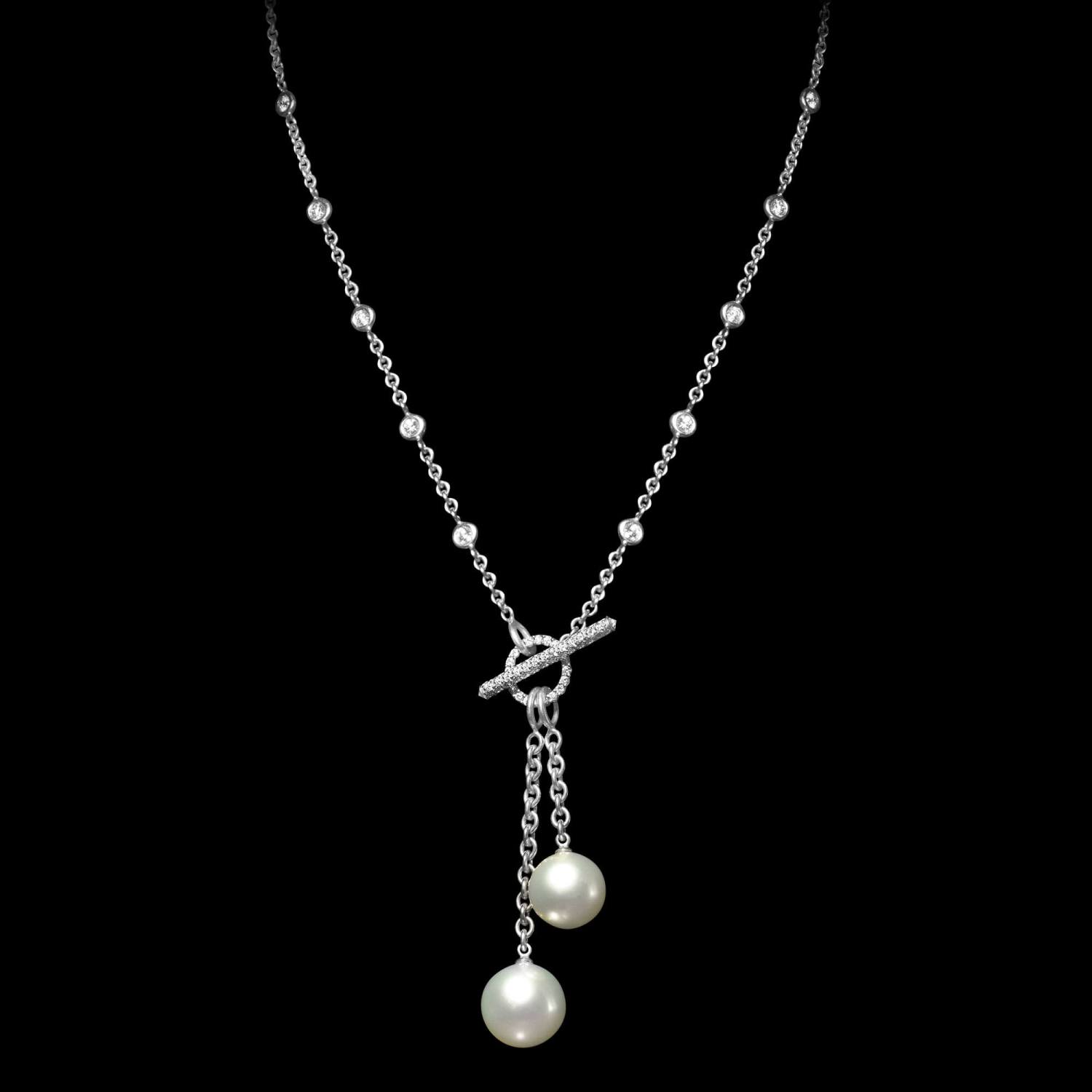 Custom 18kt white gold necklace with double white south sea pearls and diamonds. FRIDA | Fine Jewellery.