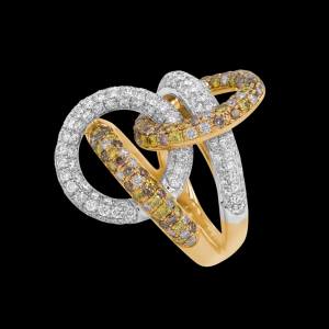 Custom 18kt yellow and white gold Auryn ring with white, chocolate and yellow diamonds. Side. FRIDA | Fine Jewellery.