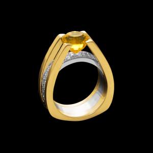 Custom 18kt yellow and white gold Sunna ring with a yellow sapphire and pavé-set diamonds. Profile. Signature engagement. FRIDA | Fine Jewellery.