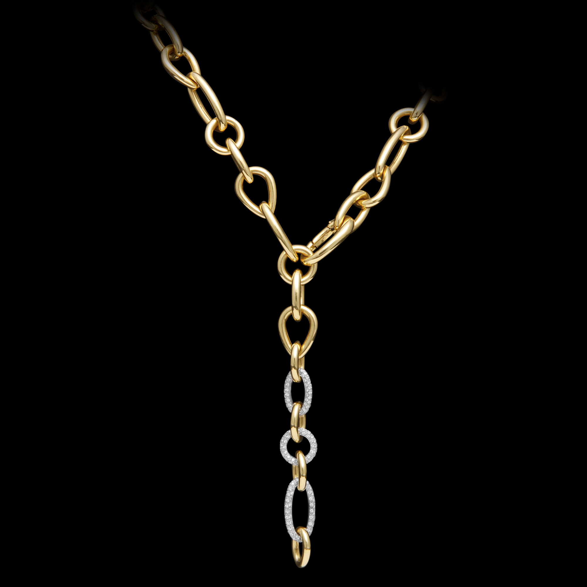 Custom 18kt yellow and white gold adjustable lariat chain necklace with diamonds. FRIDA | Fine Jewellery.