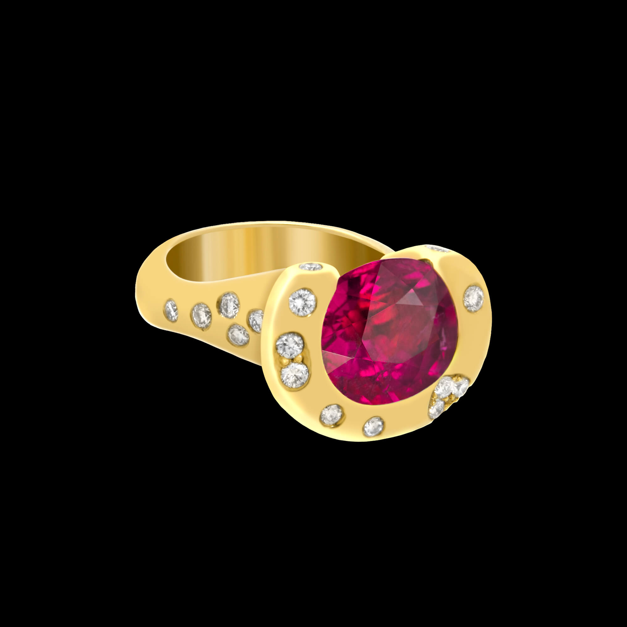 Custom 18kt yellow gold Eclipse ring with a rubellite and diamonds | Celestial Collection. FRIDA | Fine Jewellery.