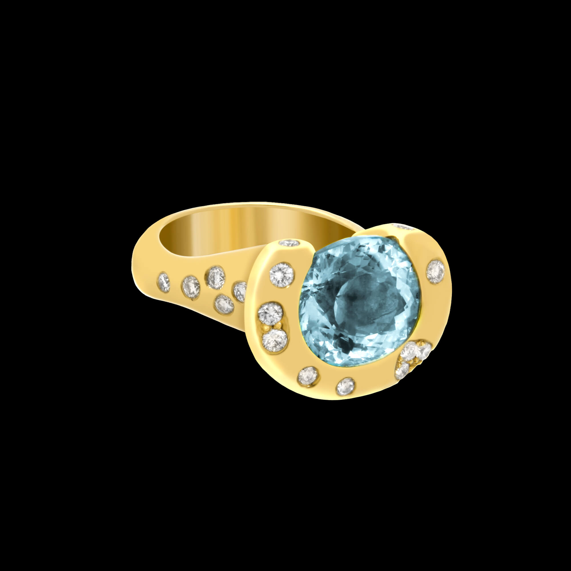 Custom 18kt yellow gold Eclipse ring with an aquamarine and diamonds | Celestial Collection. FRIDA | Fine Jewellery.