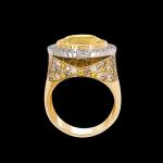 Custom 18kt yellow gold Empress ring with yellow sapphire, white, chocolate and yellow diamonds. Profile. FRIDA | Fine Jewellery.