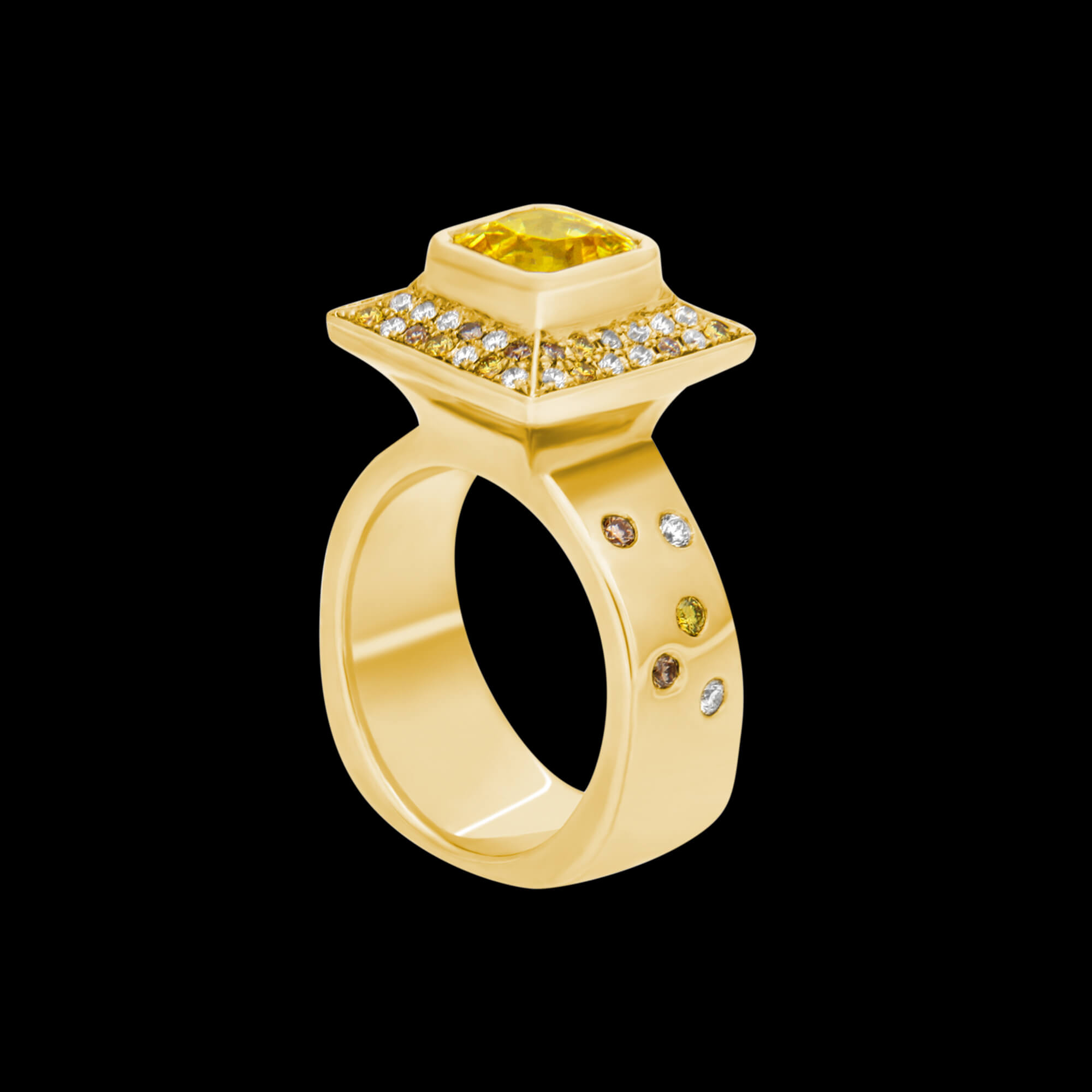 Custom 18kt yellow gold Pagoda ring with a cushion-cut yellow sapphire and diamonds. FRIDA | Fine Jewellery.