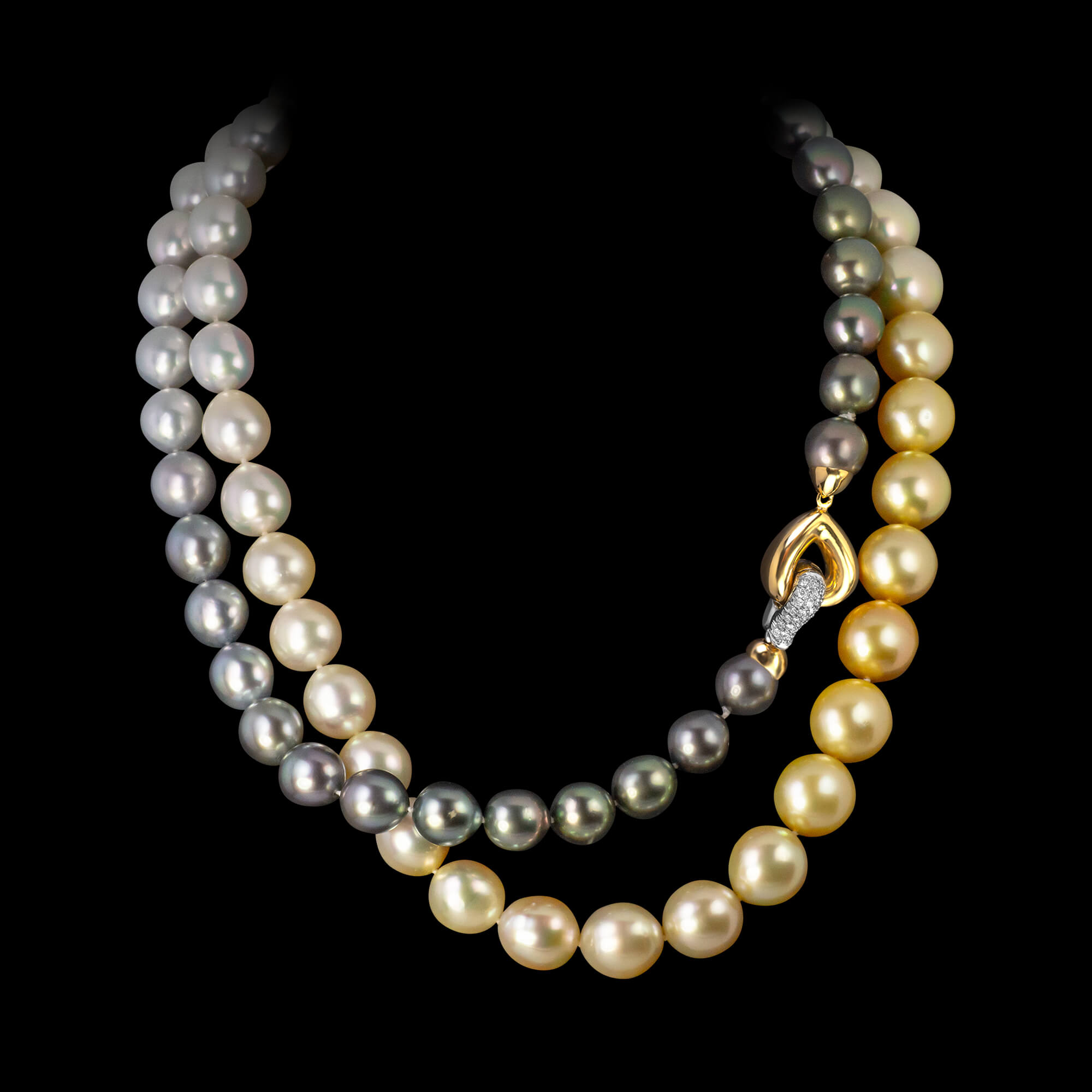 Ombre golden south sea to Tahitian pearls. Wrapped. FRIDA | Fine Jewellery.