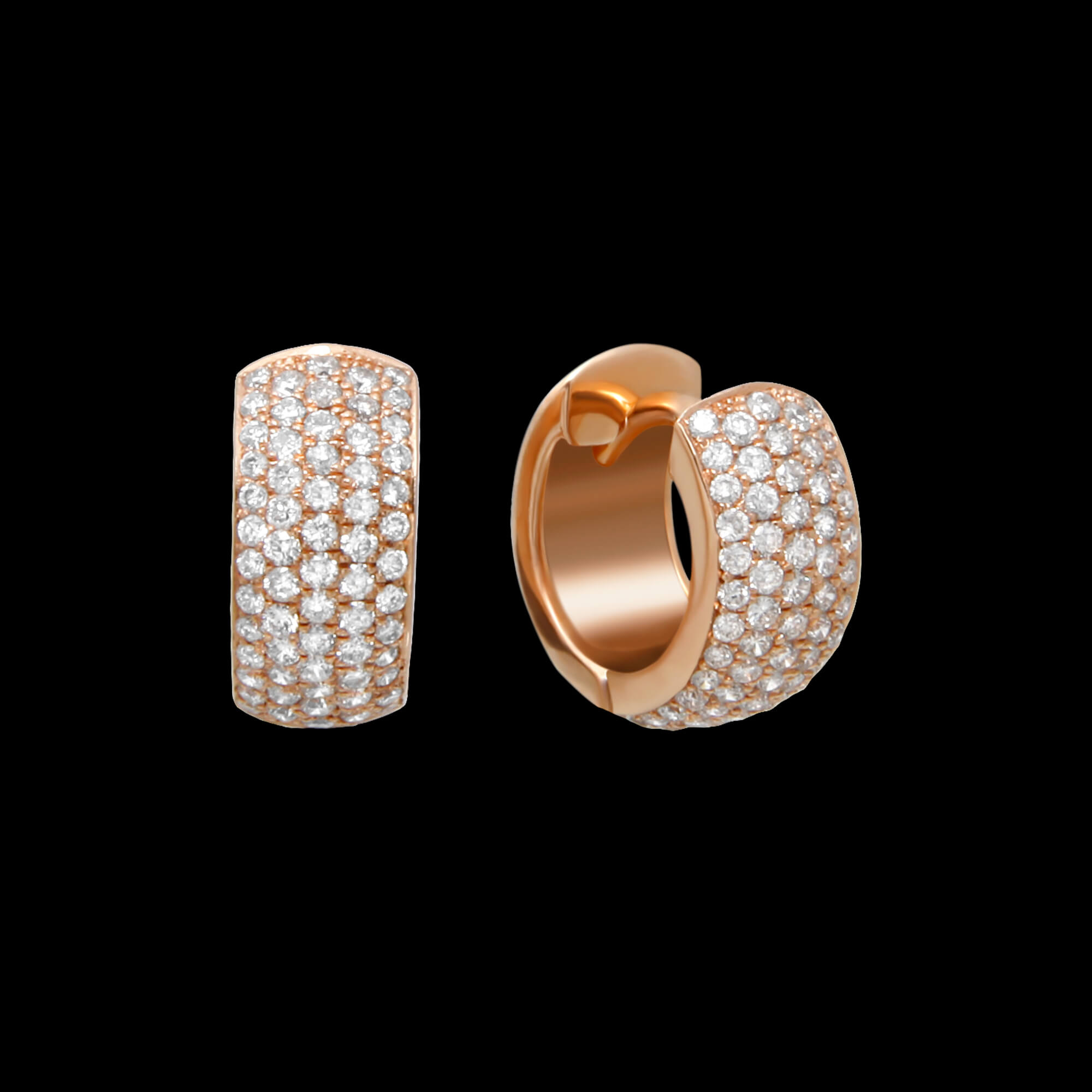 Custom 18kt pink gold huggie earrings with five rows of diamonds. FRIDA | Fine Jewellery.
