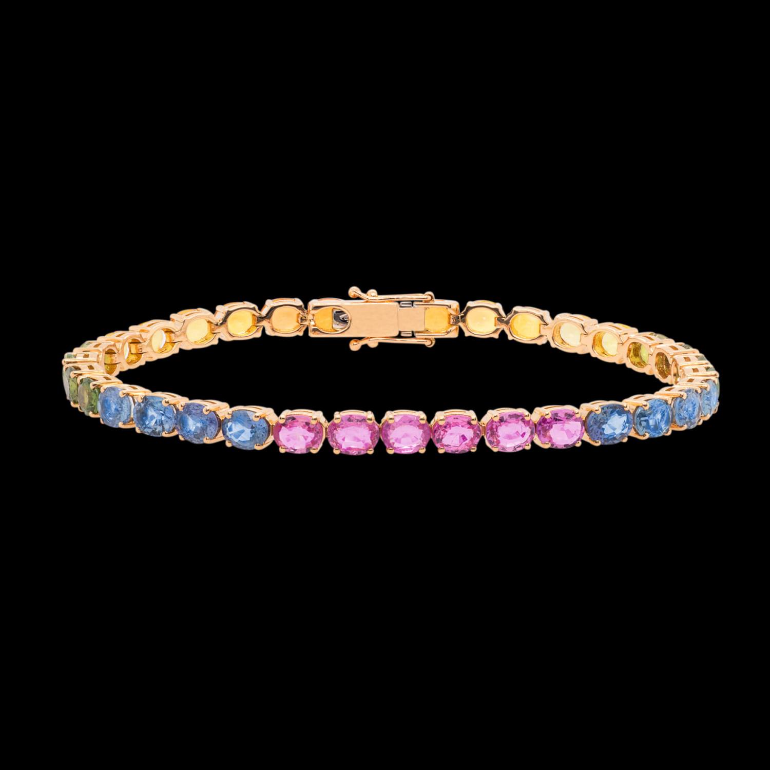 Custom 18kt pink gold multi-coloured sapphire rainbow tennis bracelet. FRIDA | Fine Jewellery.