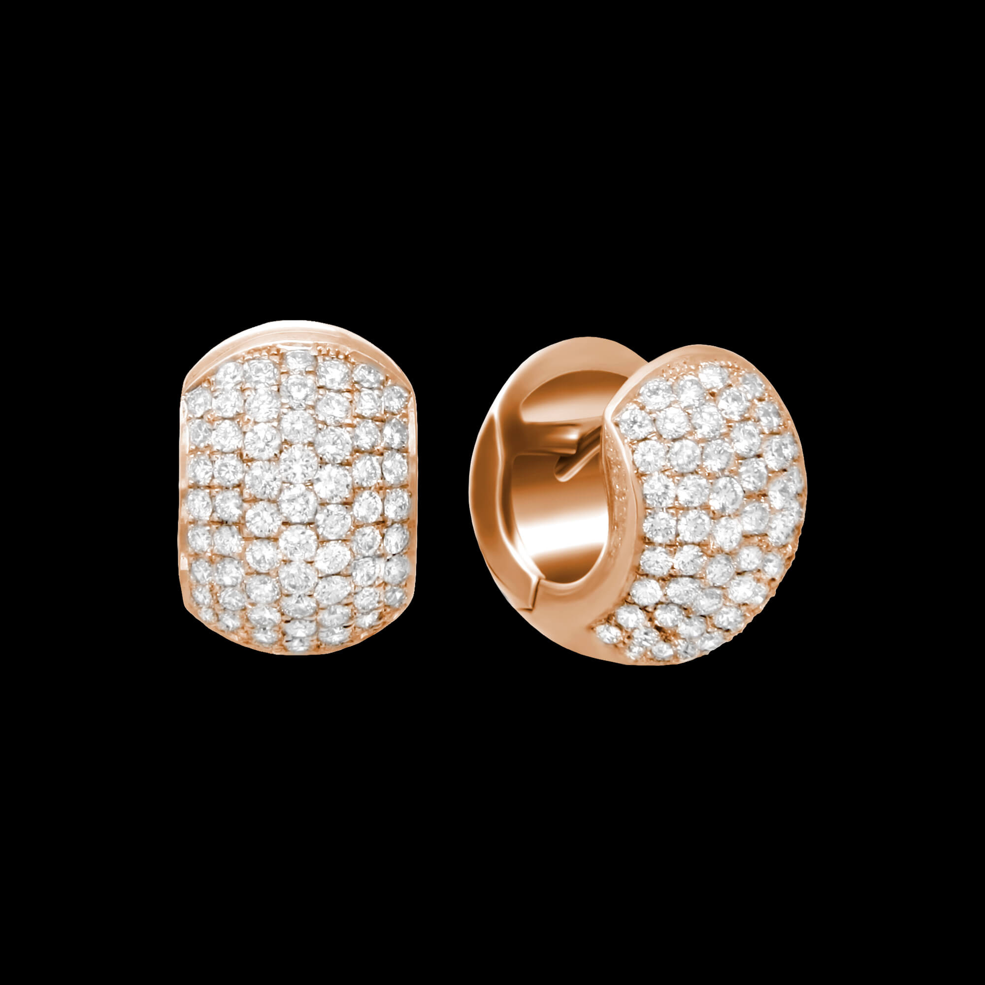 Custom 18kt pink gold rounded huggie earrings with seven rows of diamonds. FRIDA | Fine Jewellery.