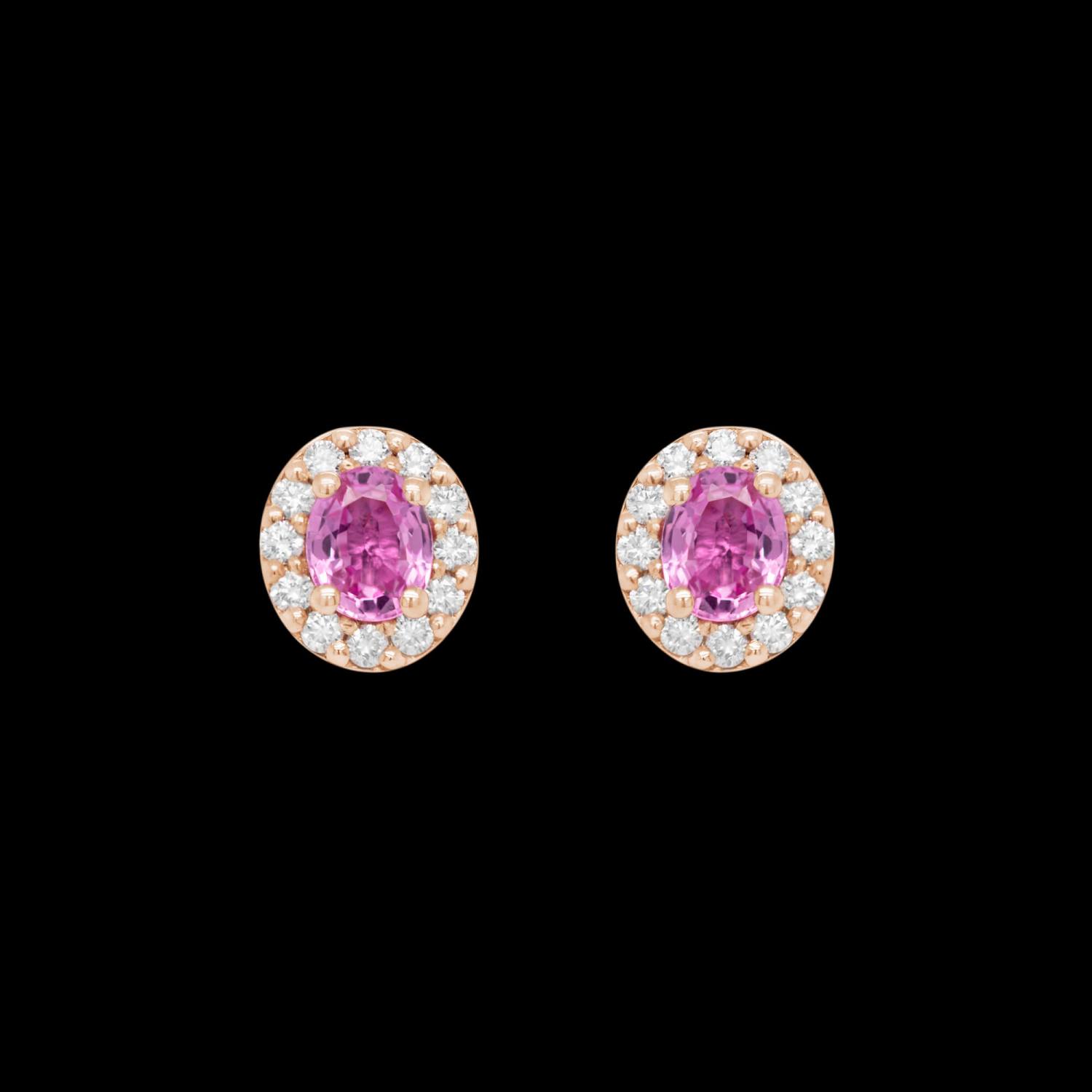 Custom 18kt pink gold stud earrings with pink sapphires and diamond halo. FRIDA | Fine Jewellery.