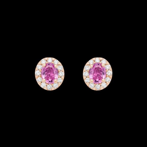 Custom 18kt pink gold stud earrings with pink sapphires and diamond halo. FRIDA | Fine Jewellery.