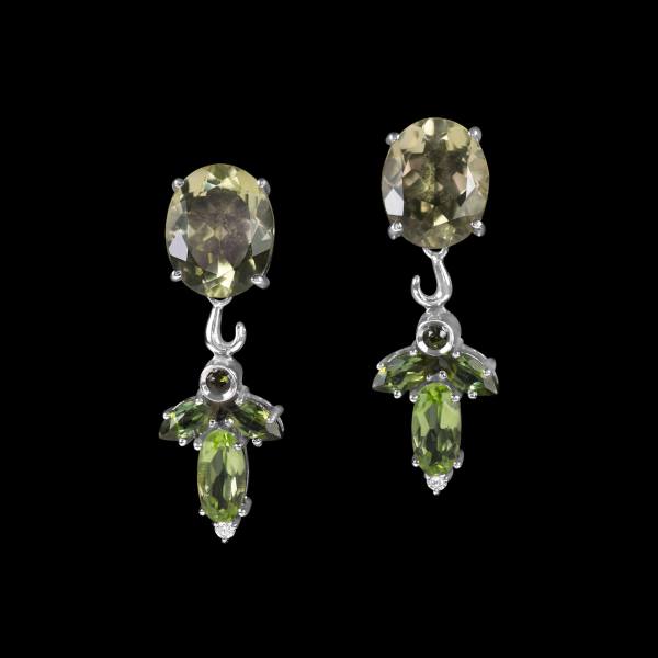 Custom 18kt white gold floral earrings with lemon topaz, peridot, green tourmaline and diamonds. FRIDA | Fine Jewellery.