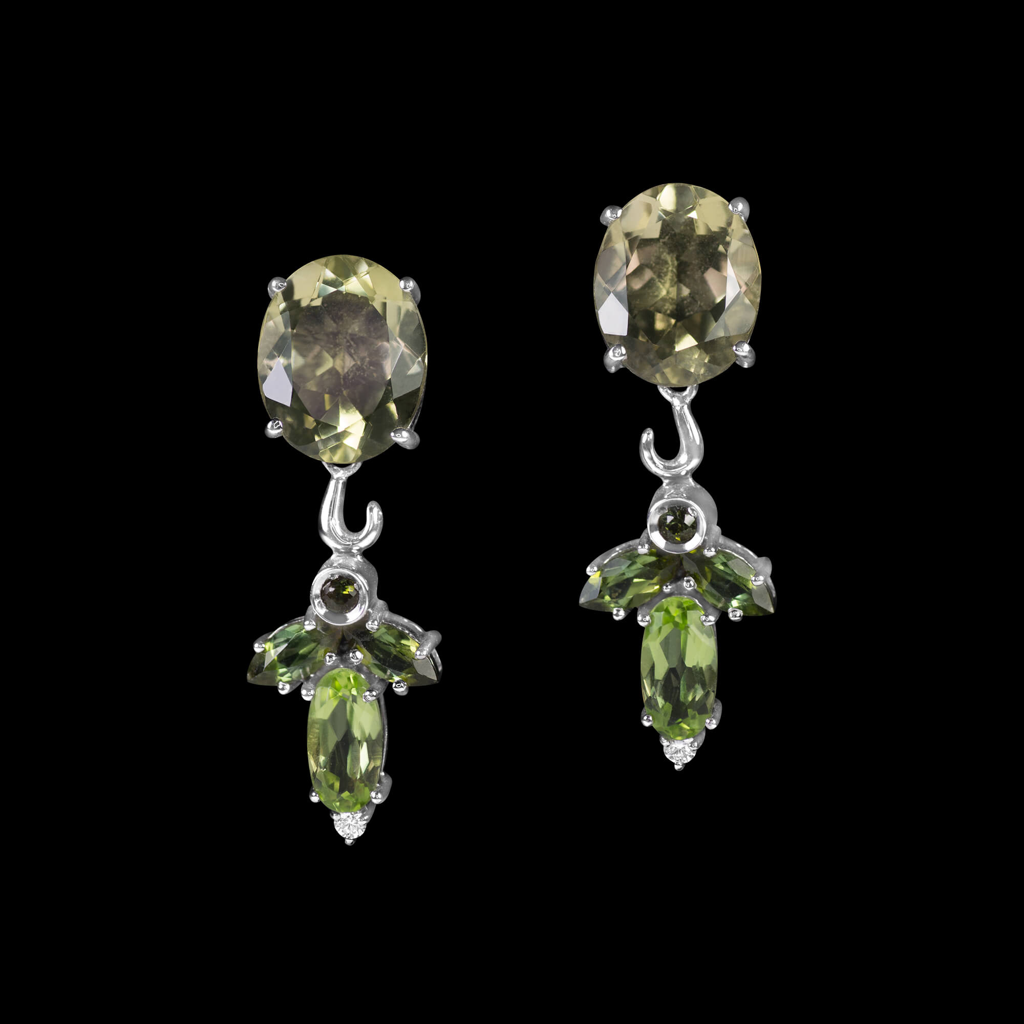 Custom 18kt white gold floral earrings with lemon topaz, peridot, green tourmaline and diamonds. FRIDA | Fine Jewellery.