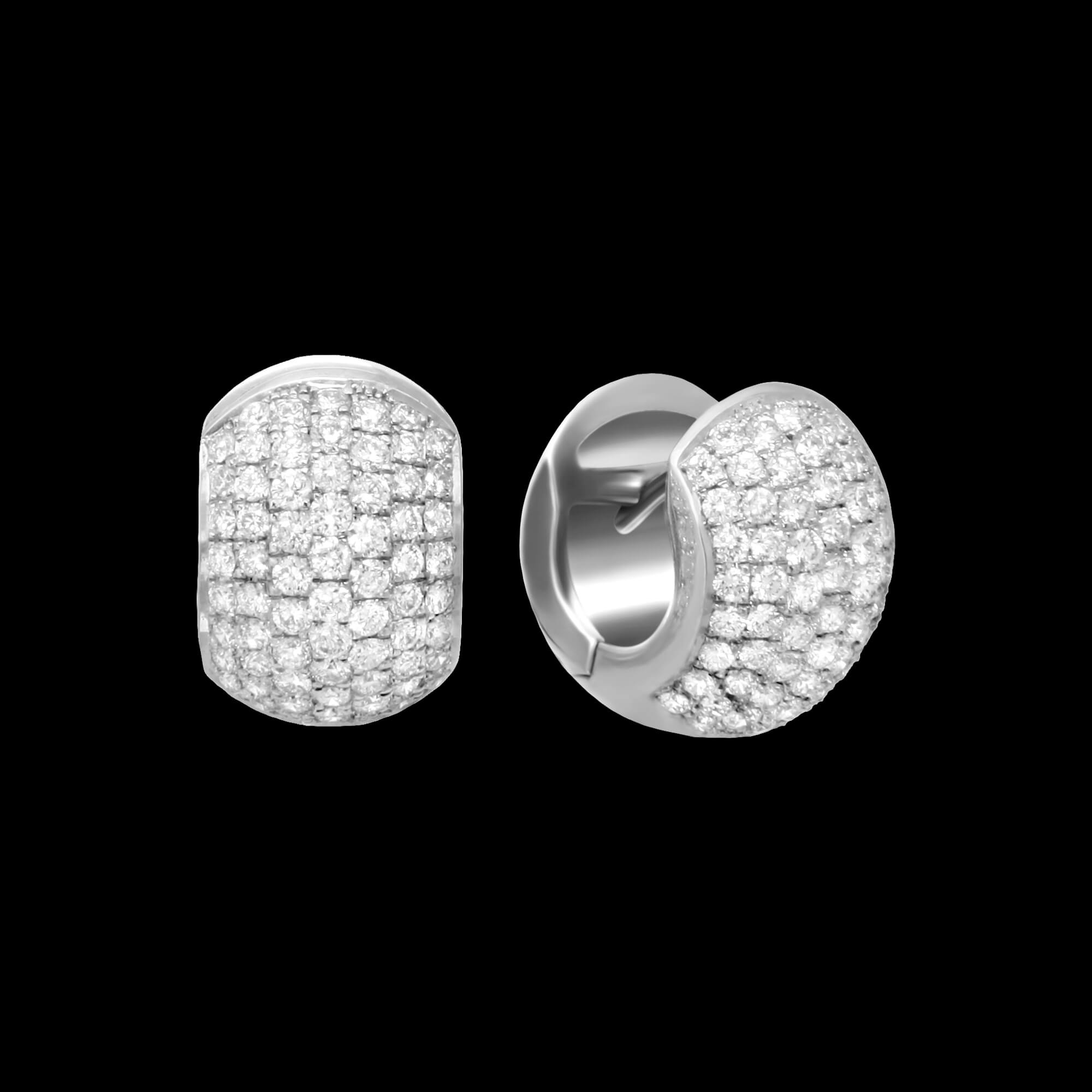 Custom 18kt white gold rounded huggie earrings with seven rows of diamonds. FRIDA | Fine Jewellery.