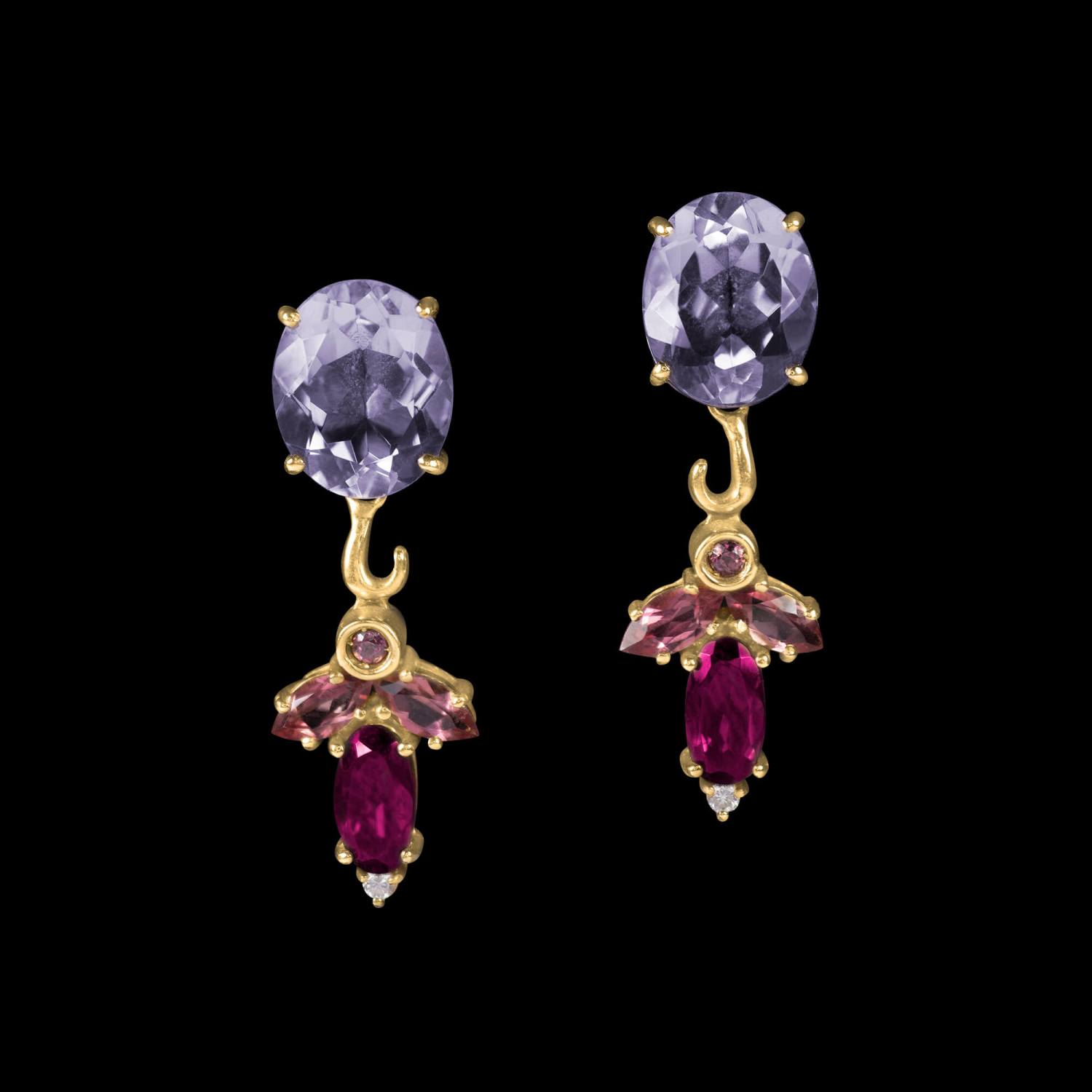 Custom 18kt yellow gold floral drop earrings with rubellite, pink tourmaline, amethyst and diamonds. FRIDA | Fine Jewellery.