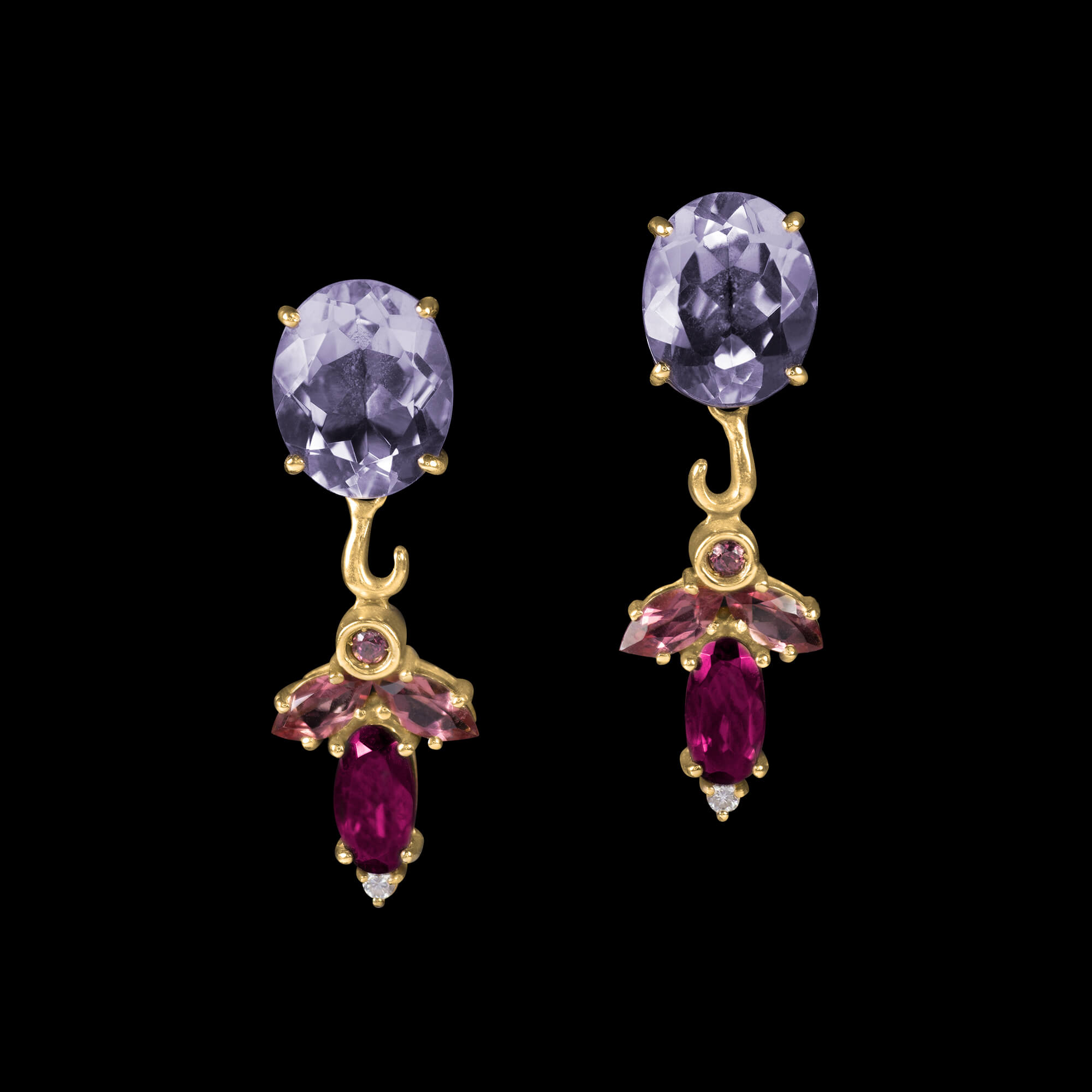 Custom 18kt yellow gold floral drop earrings with rubellite, pink tourmaline, amethyst and diamonds. FRIDA | Fine Jewellery.