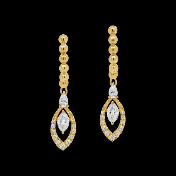 Custom 18kt yellow gold huggie earringswith pear and marquise diamond drop. FRIDA | Fine Jewellery.