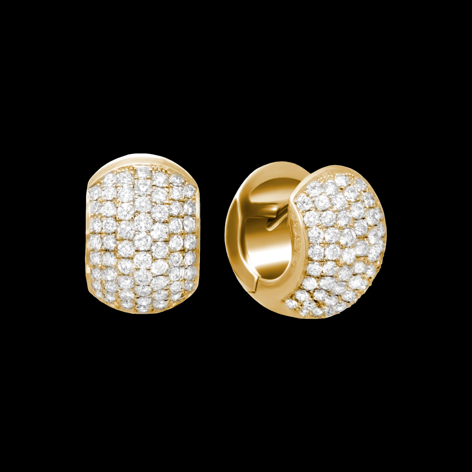 Custom 18kt yellow gold rounded huggie earrings with seven rows of diamonds. FRIDA | Fine Jewellery.