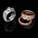 Custom 18kt pink and white gold Elska engagement rings with pink sapphires and diamonds | Signature Engagement. FRIDA | Fine Jewellery.