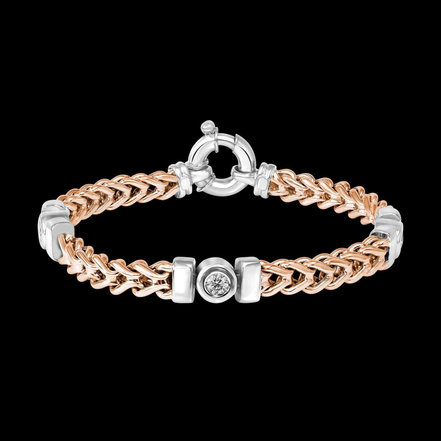 Custom 18kt pink and white gold wheat chain bracelet with three bezel-set diamonds. FRIDA | Fine Jewellery,