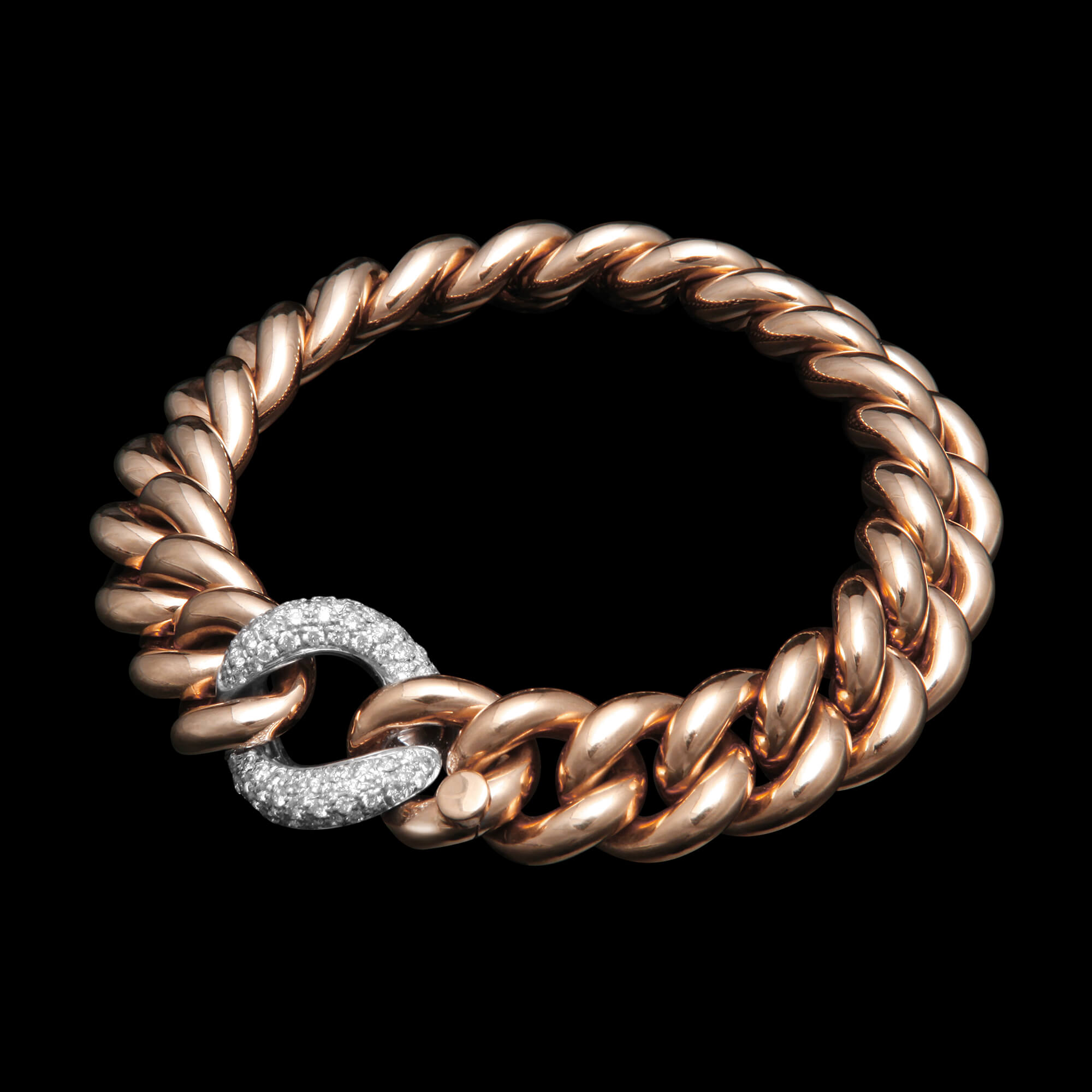 Custom 18kt pink gold classic solid link bracelet with diamonds set in white gold. FRIDA | Fine Jewellery.