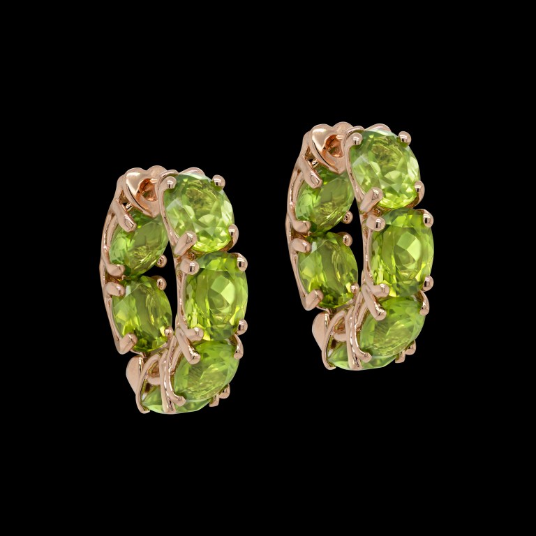Custom 18kt pink gold hoop earrings with peridot. Front. FRIDA | Fine Jewellery.