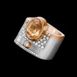Custom 18kt white and pink gold statement ring with an oval peach sapphire and diamonds. FRIDA | Fine Jewellery.