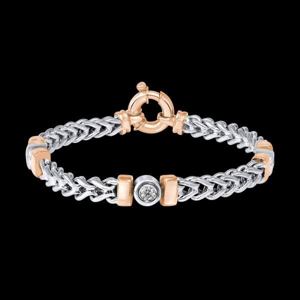 Custom 18kt white and pink gold wheat chain bracelet with three bezel-set diamonds. FRIDA | Fine Jewellery.