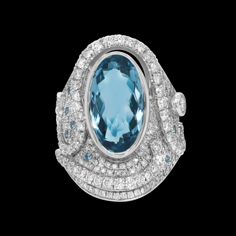 Custom 18kt white gold Oracle ring with aquamarine and diamonds | Ocean Collection. Front. FRIDA | Fine Jewellery.