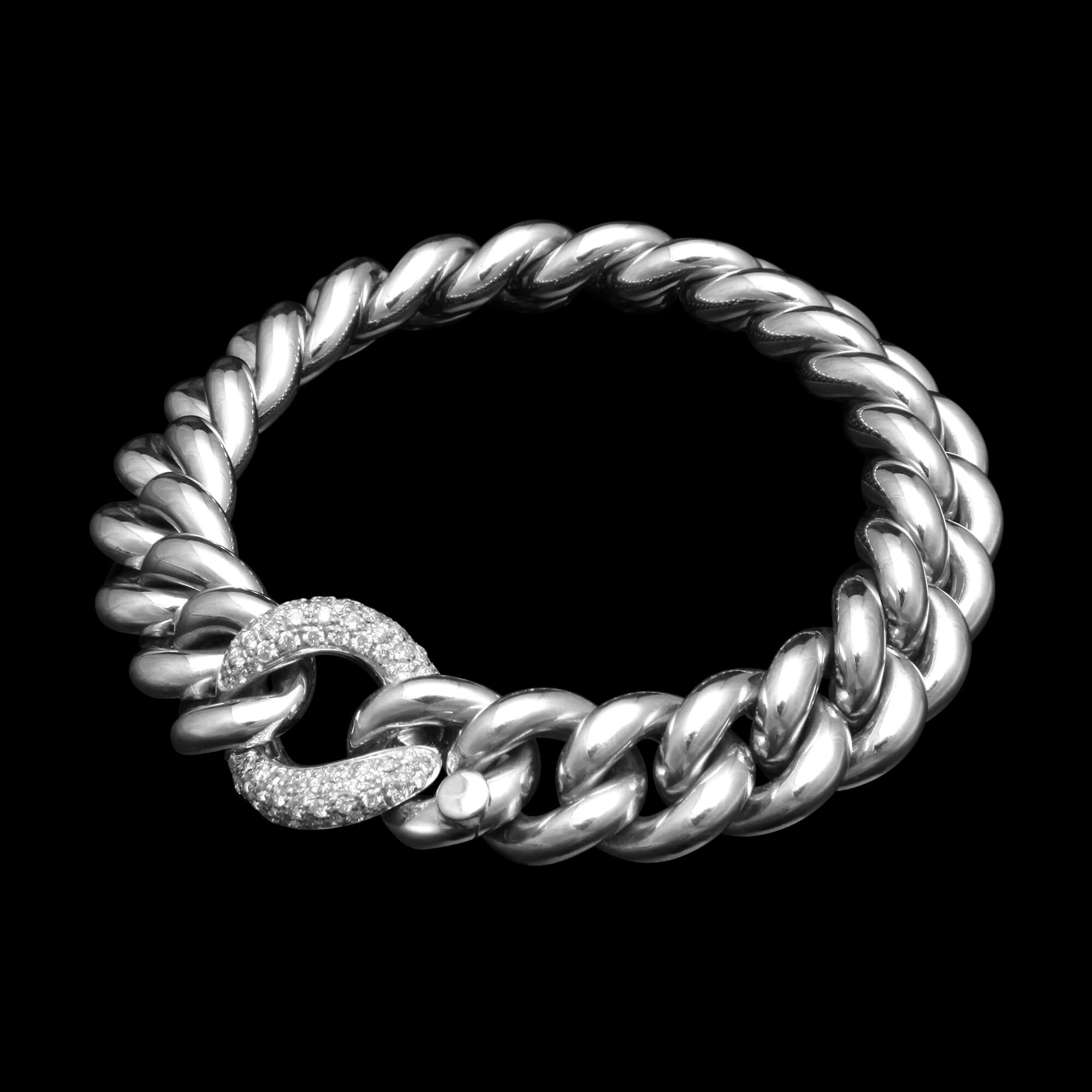 Custom 18kt white gold classic solid link bracelet with diamonds. FRIDA | Fine Jewellery.