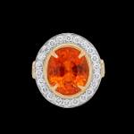 Custom 18kt yellow and white gold Empress ring with a Mandarin spessartite garnet, tsavorites and diamonds. Front. FRIDA | Fine Jewellery.