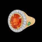 Custom 18kt yellow and white gold Empress ring with a Mandarin spessartite garnet, tsavorites and diamonds. Side left. FRIDA | Fine Jewellery.