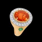 Custom 18kt yellow and white gold Empress ring with a Mandarin spessartite garnet, tsavorites and diamonds. Side. FRIDA | Fine Jewellery.