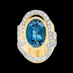 Custom 18kt yellow and white gold Oracle ring with aquamarine and diamonds | Ocean Collection. Front. FRIDA | Fine Jewellery.