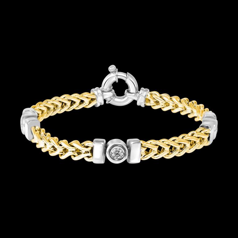 Custom 18kt yellow and white gold wheat chain bracelet with three bezel-set diamonds. FRIDA | Fine Jewellery.