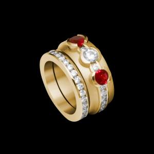 Custom 18kt yellow gold tri-stone Elska ring with rubies and diamonds with diamond band. Signature Engagement | FRIDA | Fine Jewellery.