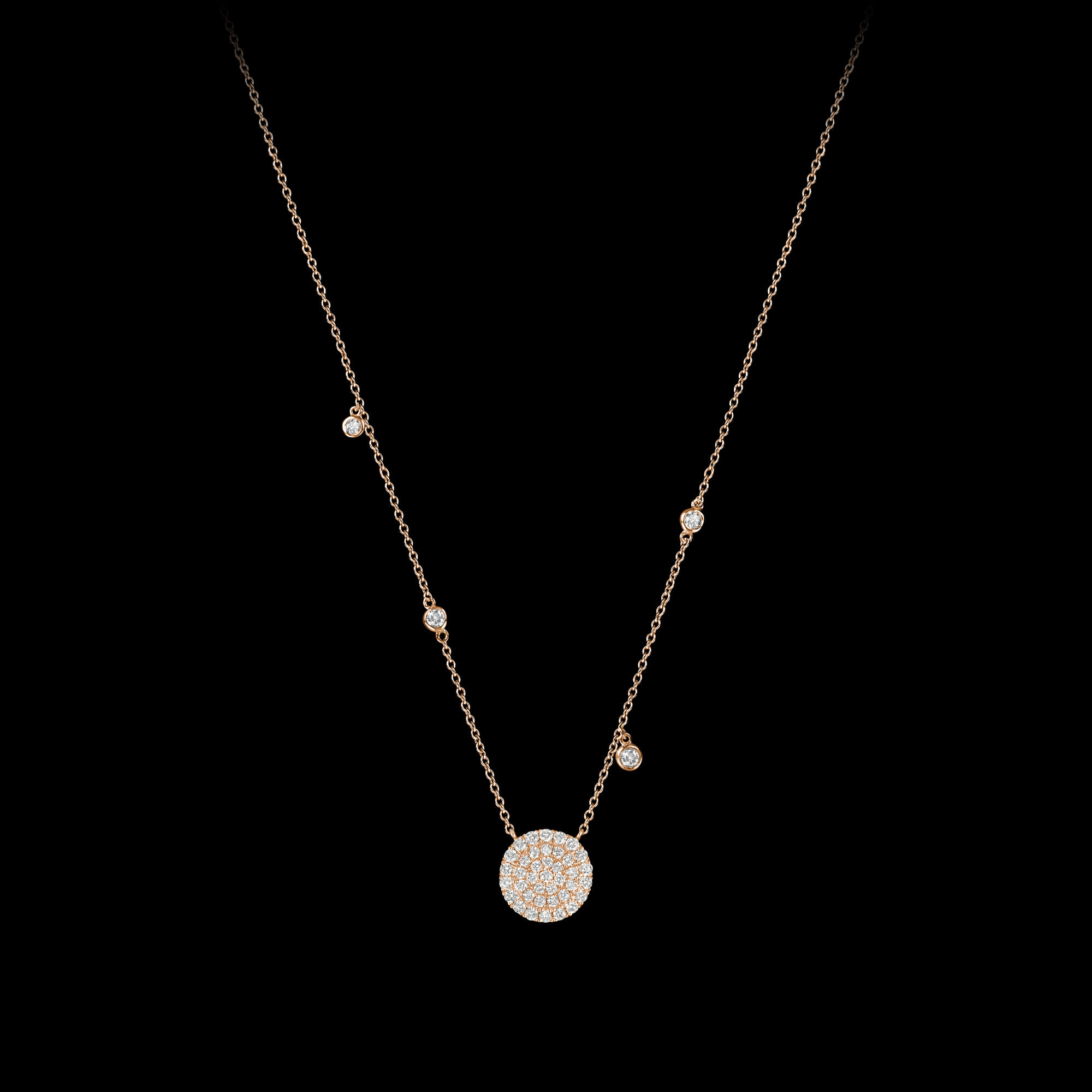 Custom 18kt pink gold floating disk necklace with white diamonds. FRIDA | Fine Jewellery.