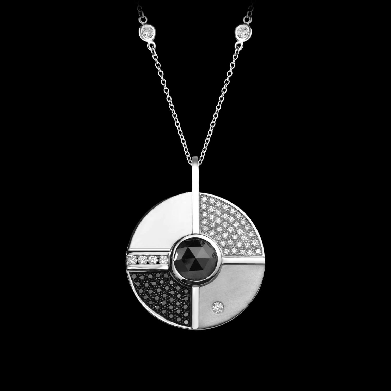 Custom 18kt white gold Quadrant pendant with black and white diamonds on chain | Shield Collection. FRIDA | Fine Jewellery.