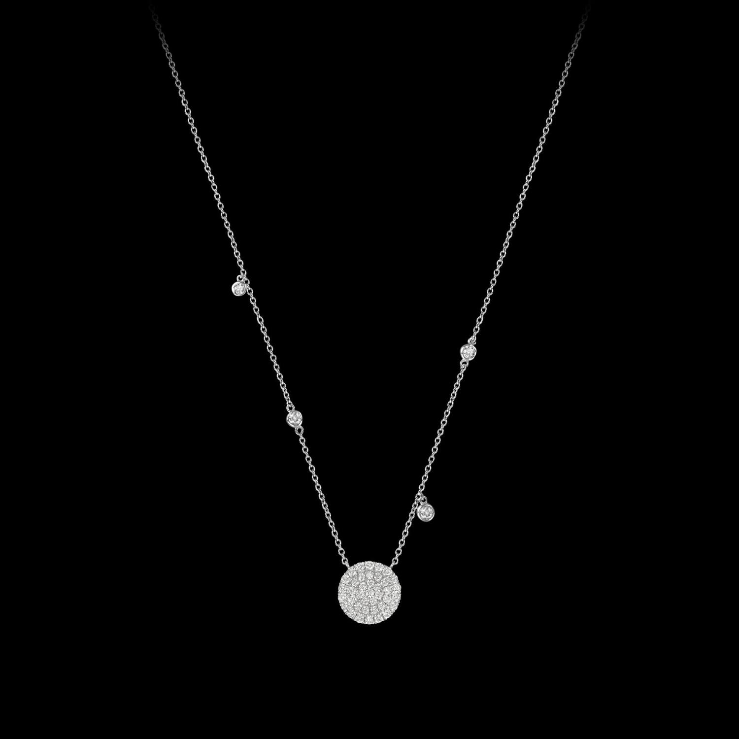 Custom 18kt white gold floating disk necklace with white diamonds. FRIDA | Fine Jewellery.