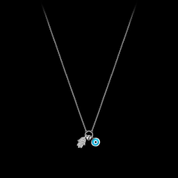 Custom 18kt white gold hamsa necklace with diamonds and an enamel evil eye. FRIDA | Fine Jewellery.