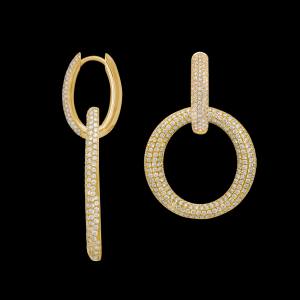 Custom 18kt yellow gold detachable diamond hoops with asymmetrical diamond drop earrings. FRIDA | Fine Jewellery.